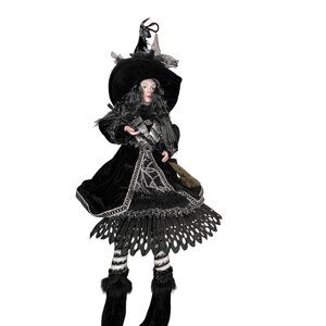 Porcelain Witch Doll Black Silver Velvet Dress Broomstick Halloween Collectible